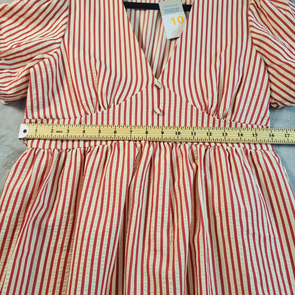 Primark Women Red Cream Striped V-Neck Puff Sleeve Maxi Dress Size 10 NEW - Picture 5 of 12